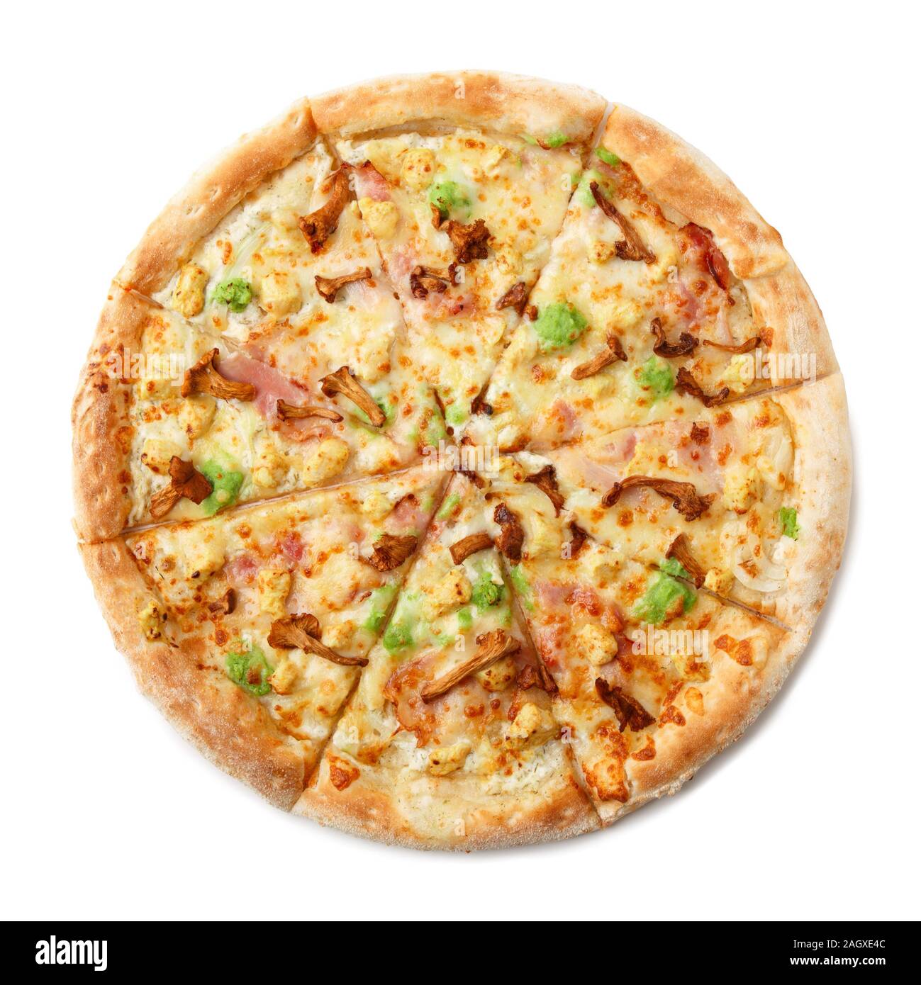 Delicious classic italian Pizza with bacon, chanterelles, wasabi and