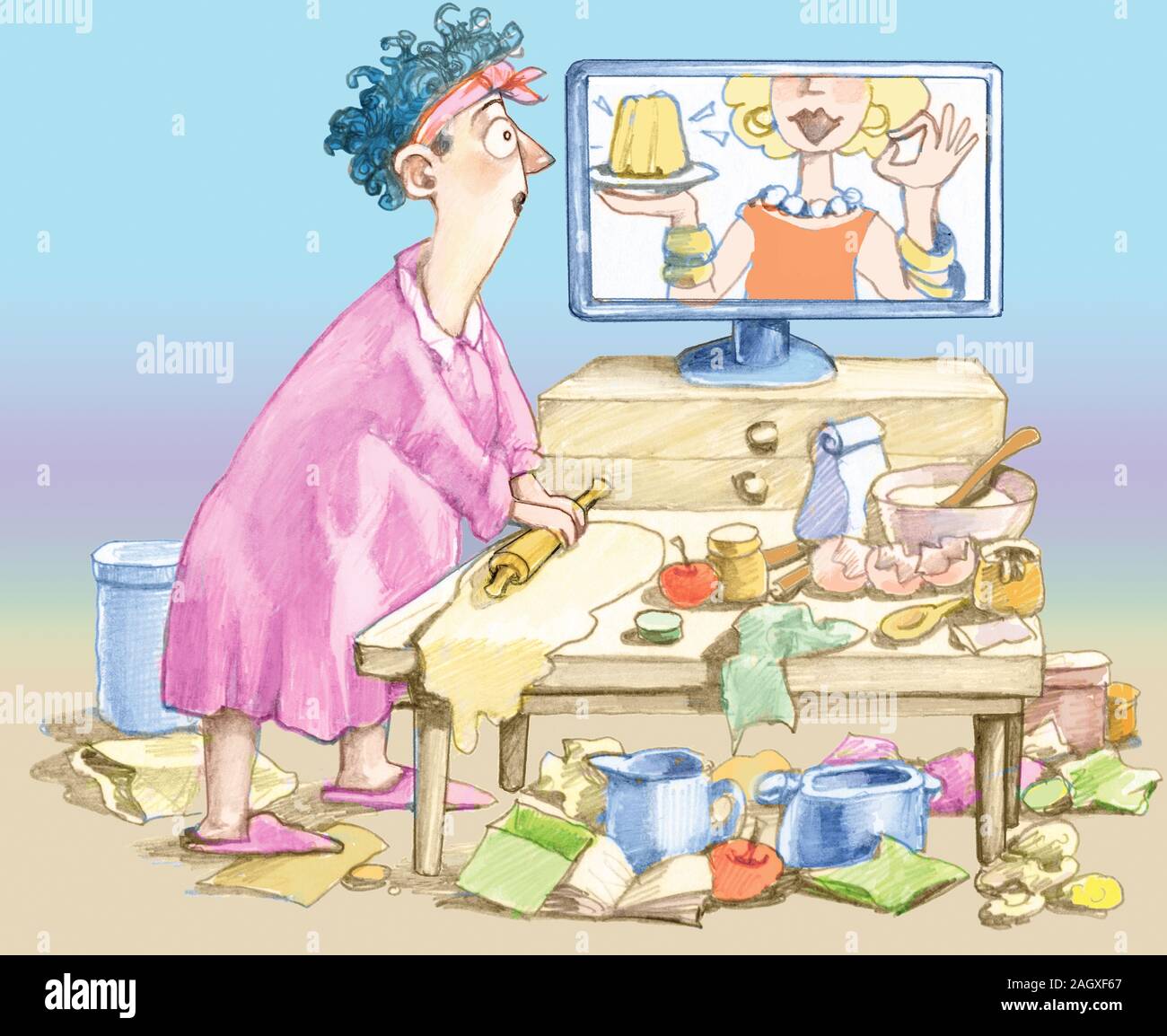 woman in a messy and chaotic kitchen watching a TV show with a perfect cook  and spotless Stock Photo - Alamy