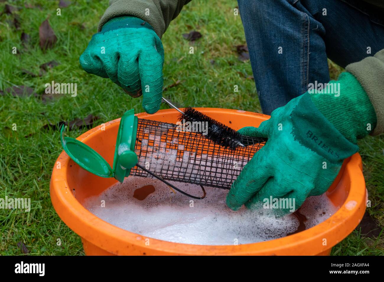 Cleaning a bird feeder or feeders with soapy water and a brush Stock Photo