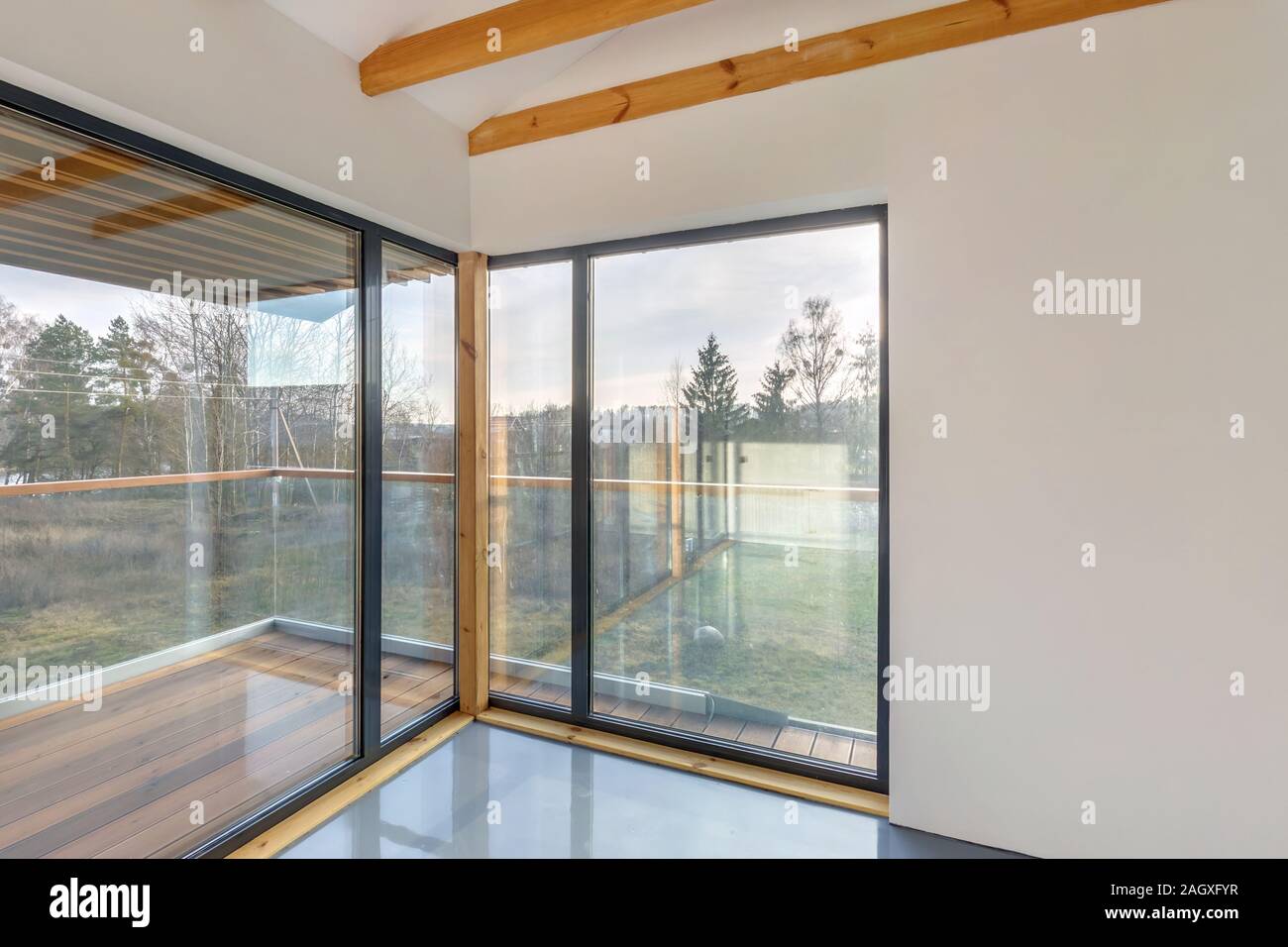 White Empty Apartment Interior With Panoramic Windows And Wooden