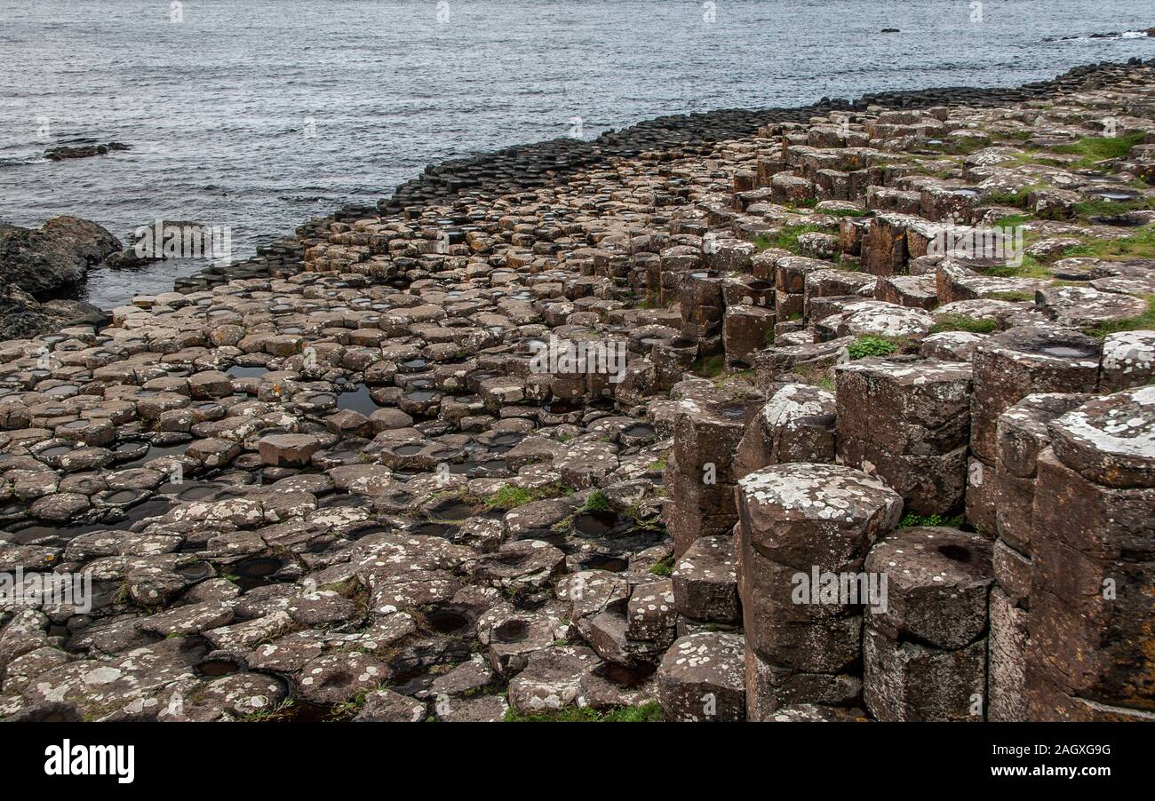 Detail of hexagonal stone pillars at Giants Causeway, Northern Ireland