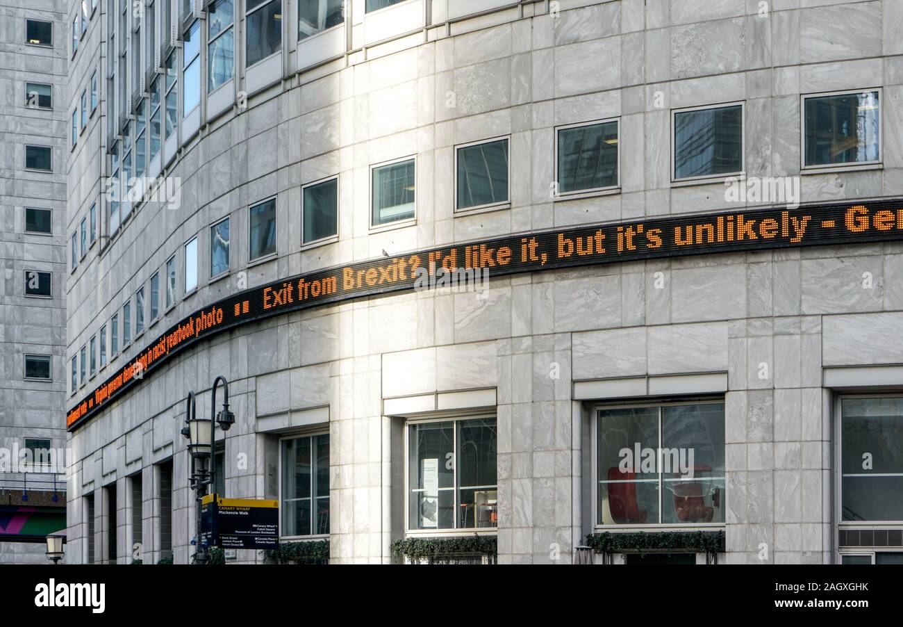London, United Kingdom - February 03, 2019: " Exit from Brexit " on Thomson Reuters rolling news screen at Canary Wharf. Only weeks remain and it's st Stock Photo