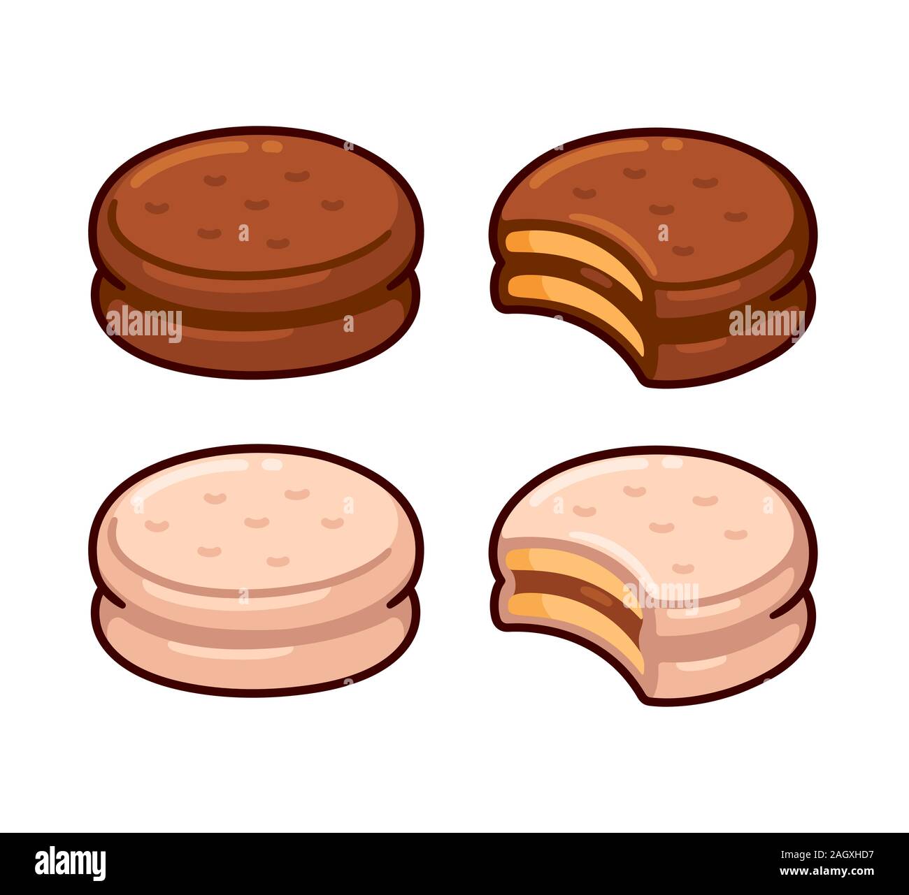 Alfajor chocolate covered cookie set. Traditional Argentinian sandwich cookies with filled dulce de leche. Isolated vector clip art illustration. Stock Vector