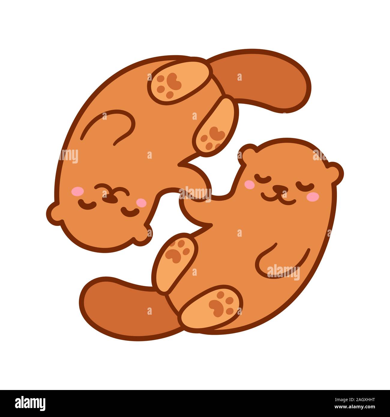 Cute cartoon otter couple holding hands. Kawaii little otters in love, vector clip art illustration. Stock Vector