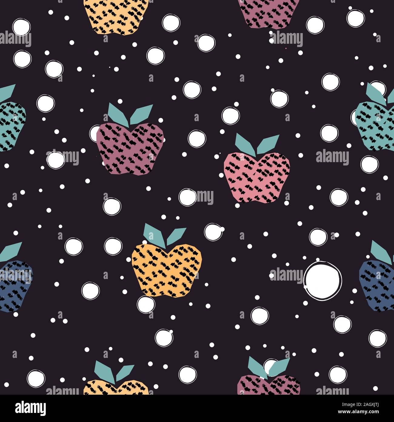 Seamless Hand Drawn Pattern with colorful apples on dark background ...
