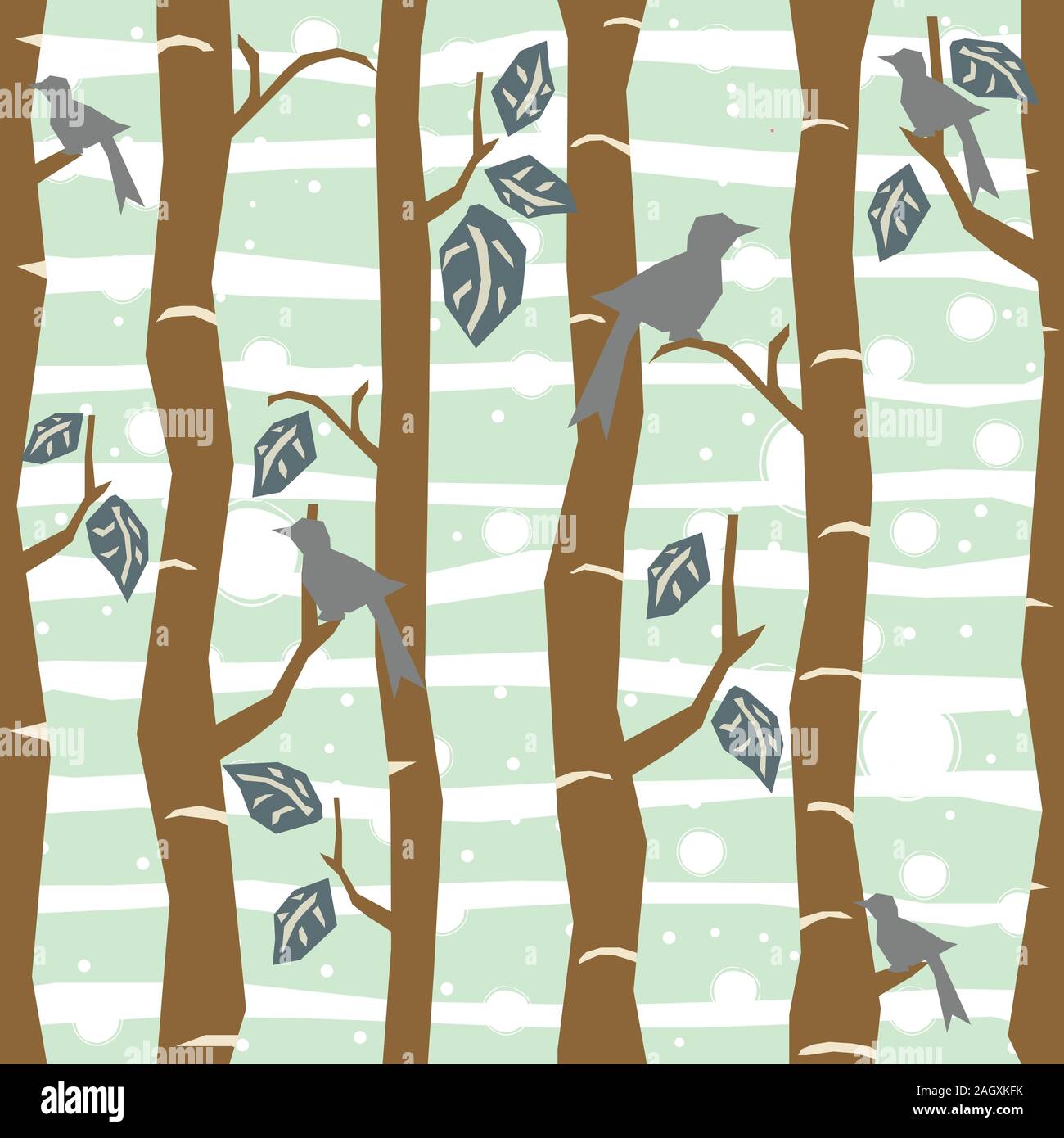 Seamless Tree Pattern with big birds and leaves. Vector Illustration. Stock Vector