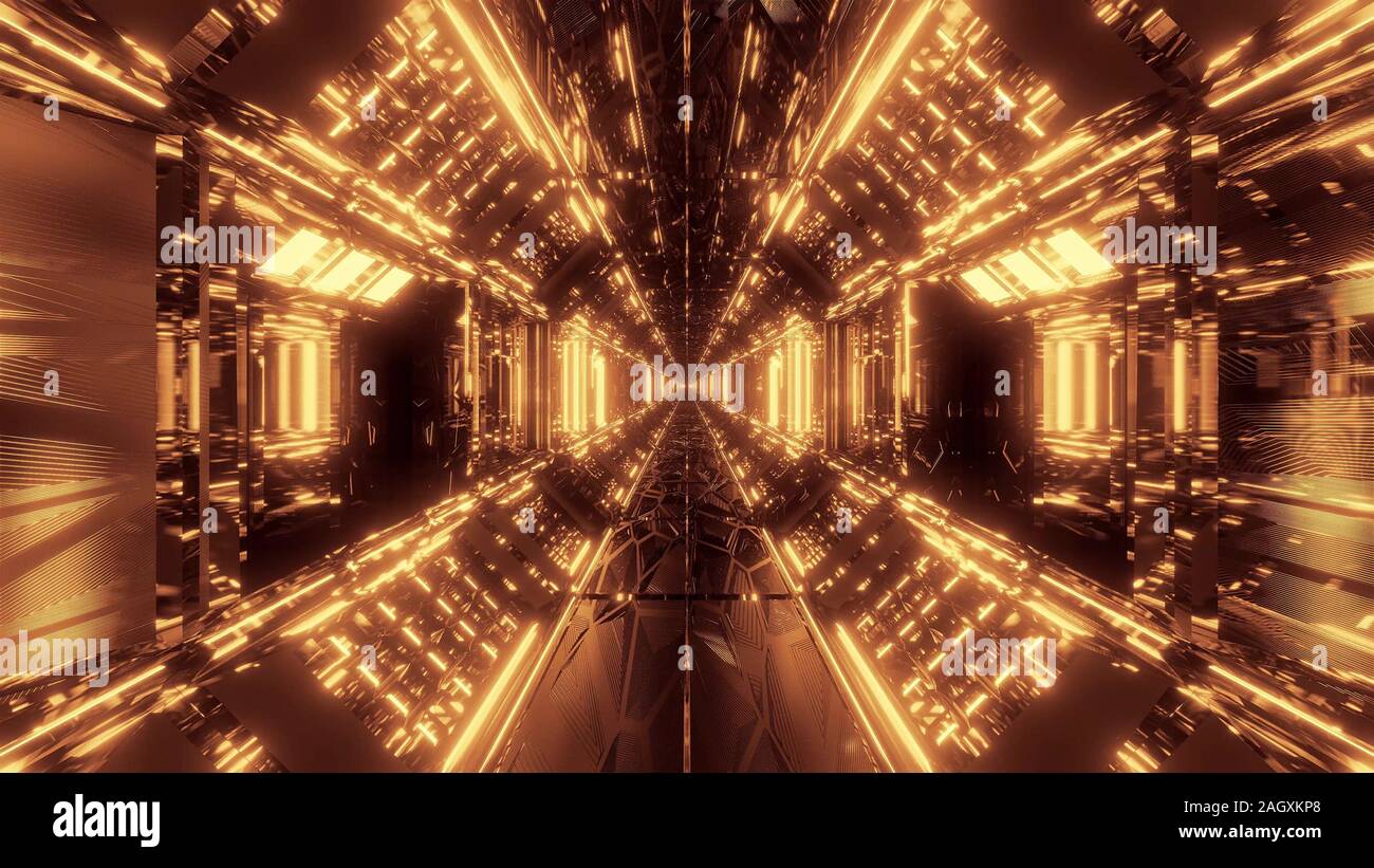 high reflective glowing scifi tunnel corridor with futuristic lights ...