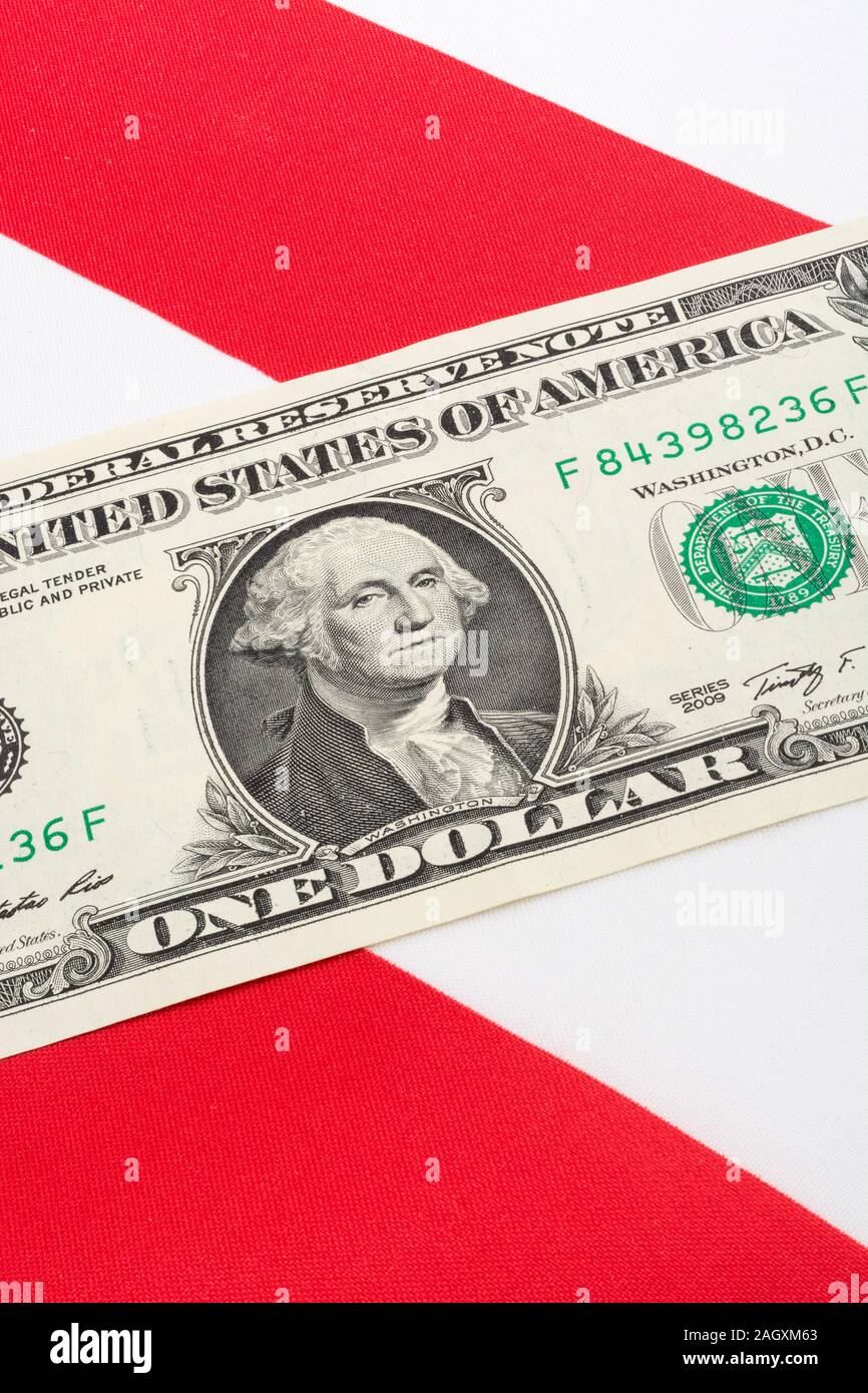 Stars and Stripes with US 1 Dollar Bill. One dollar note USA. For US Dollar exchange rates, US economy, US trade balance, US banking crisis. Stock Photo