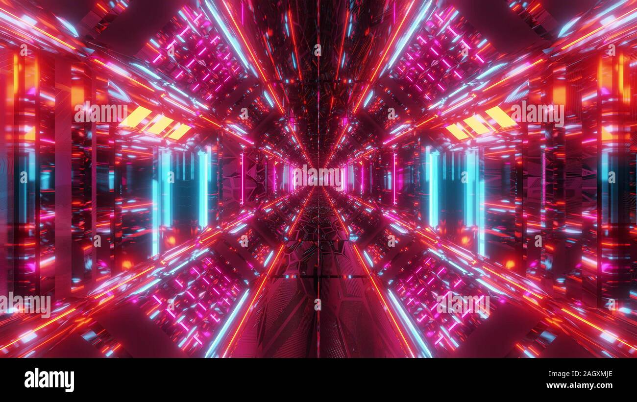 high reflective glowing scifi tunnel corridor with futuristic lights ...
