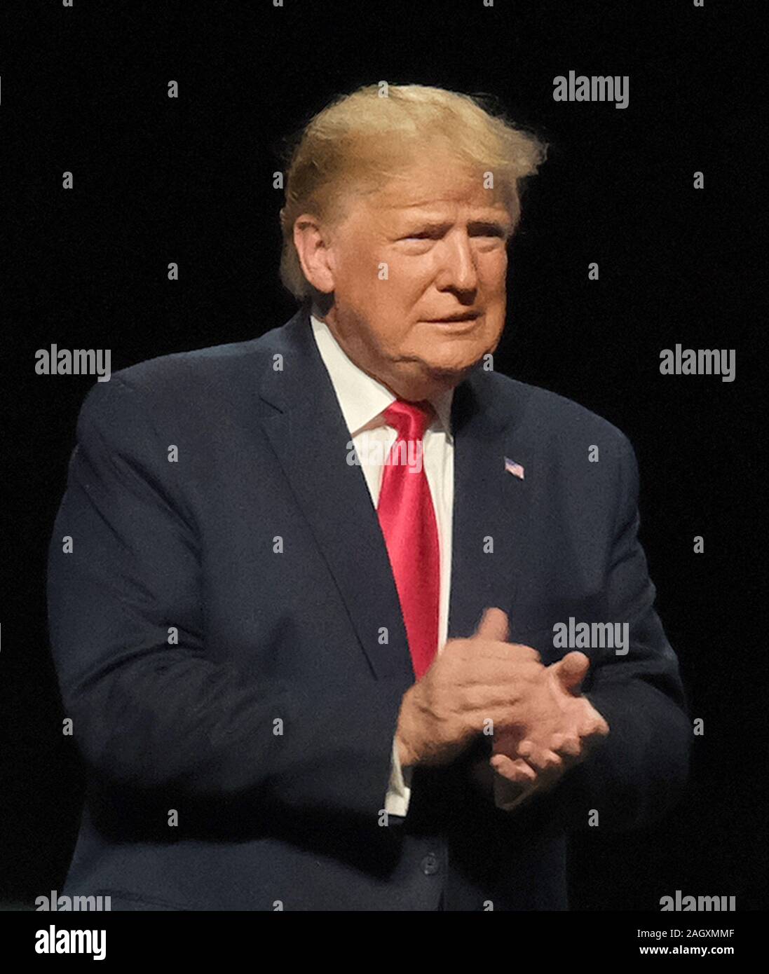 West Palm Beach, USA. 22nd Dec, 2019. USA President Donald J.Trump speaks at the Turning Point USA conference for young conservatives at the Palm Beach Convention Center in West Palm Beach, Florida on Saturday, December 21, 2019. On Wednesday, December 18, 2019, President Donald Trump was the third U.S. President to be impeached by the House of Representatives. Photo by Gary I Rothstein/UPI Credit: UPI/Alamy Live News Stock Photo