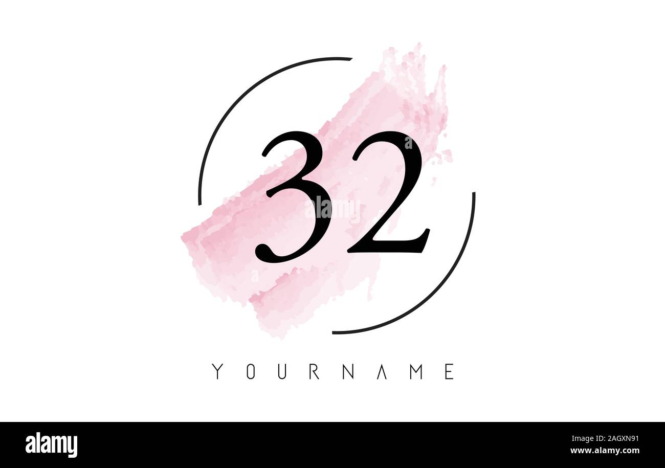 Number 32 Watercolor Stroke Logo with Circular Shape and Pastel Pink Brush Vector Design Stock Vector