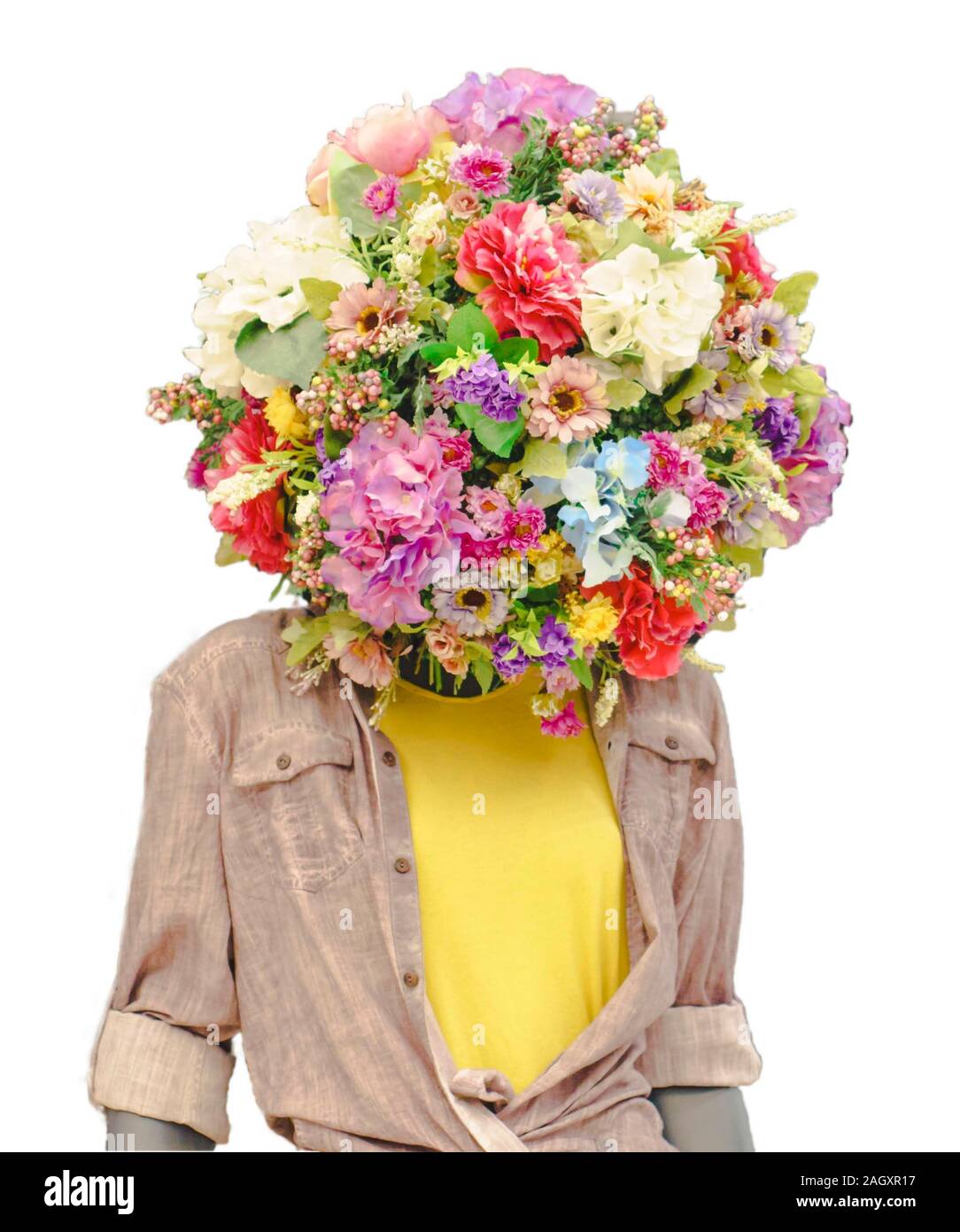 Woman in sweatshirt with bouquet of flowers instead of head. Isolated. Mannequin in mask with flowers Stock Photo