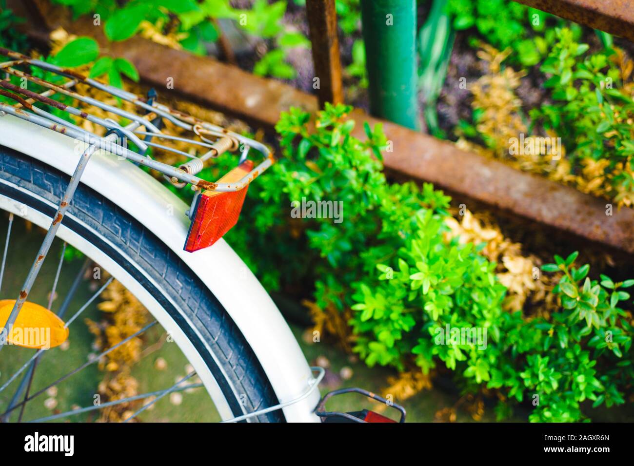 Detail of bicycle fender and wheel. Close up of back side view on