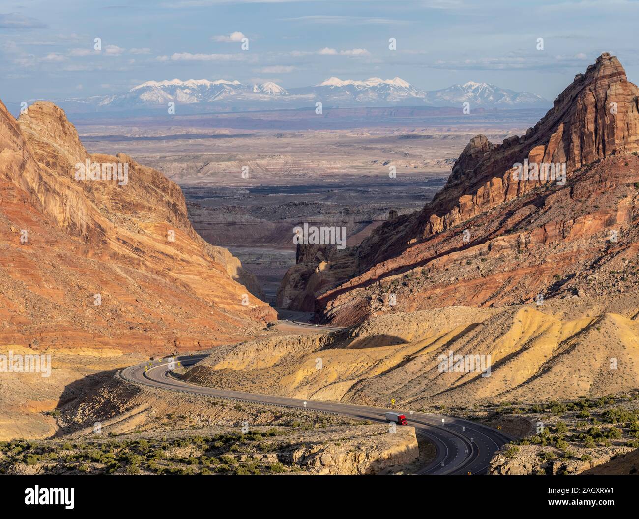 View of I-70 through the San Rafael Swell, west of Green River, Utah Stock Photo