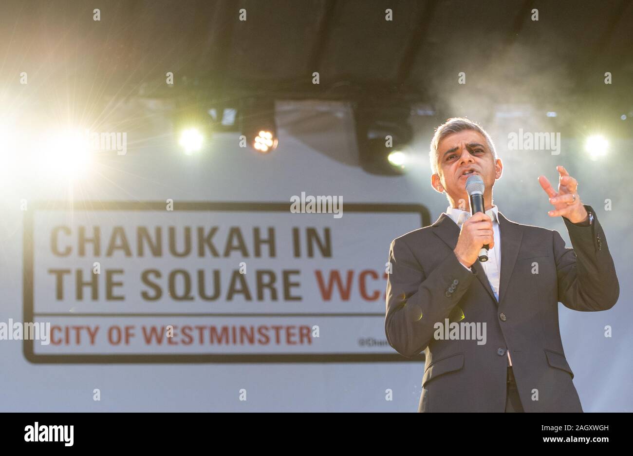 Mayor of London Sadiq Khan speaking during the annual Menorah Lighting Ceremony on Trafalgar Square in London to mark Chanukah, the Jewish festival of lights. Stock Photo