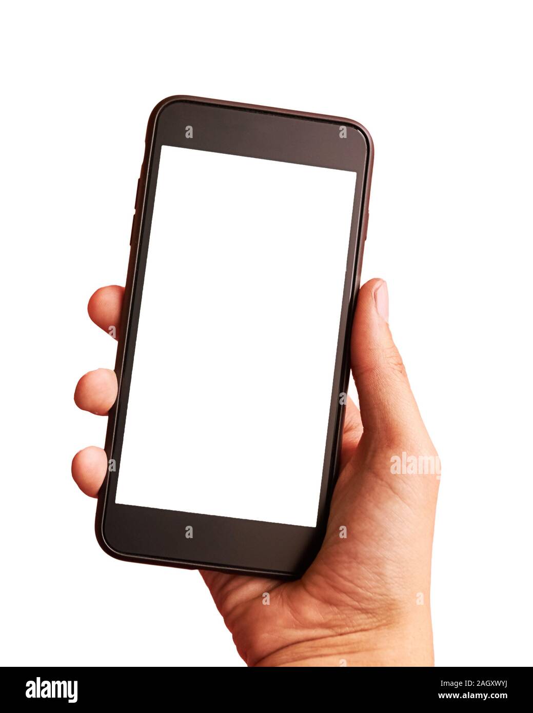Man hand holding the black smartphone with blank screen - isolated on ...