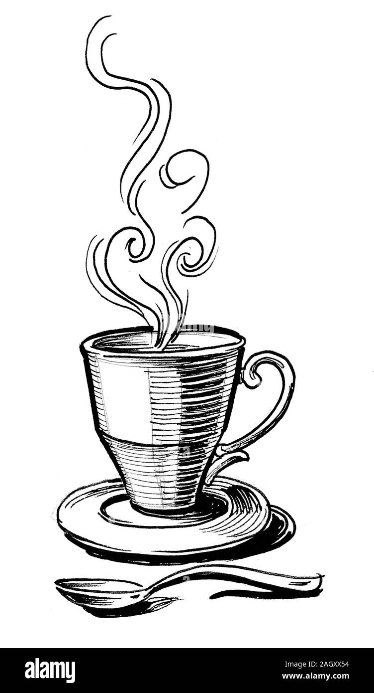 Cup Of Coffee With A Spoon Ink Black And White Drawing Stock Photo Alamy