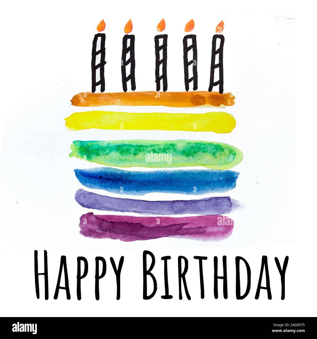 Cake With Candles Watercolor Drawing Birthday Greeting Card Stock Photo Alamy