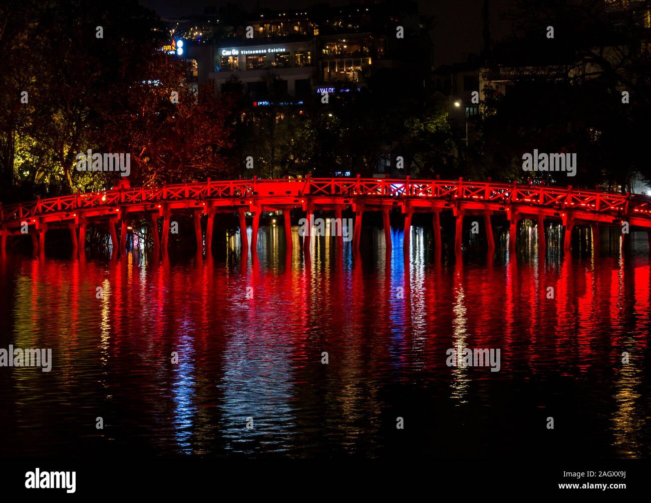 The Huc Bridge at night, Hoan Kiem Lake, Hanoi, Vietnam, Asia Stock Photo