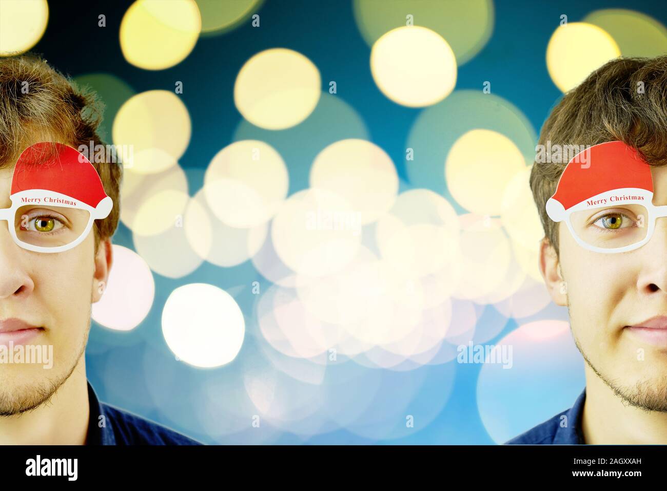 Portrait of a mans in Christmas glasses. Two guy in christmas concept backround. Funny Christmas glasses. Stock Photo