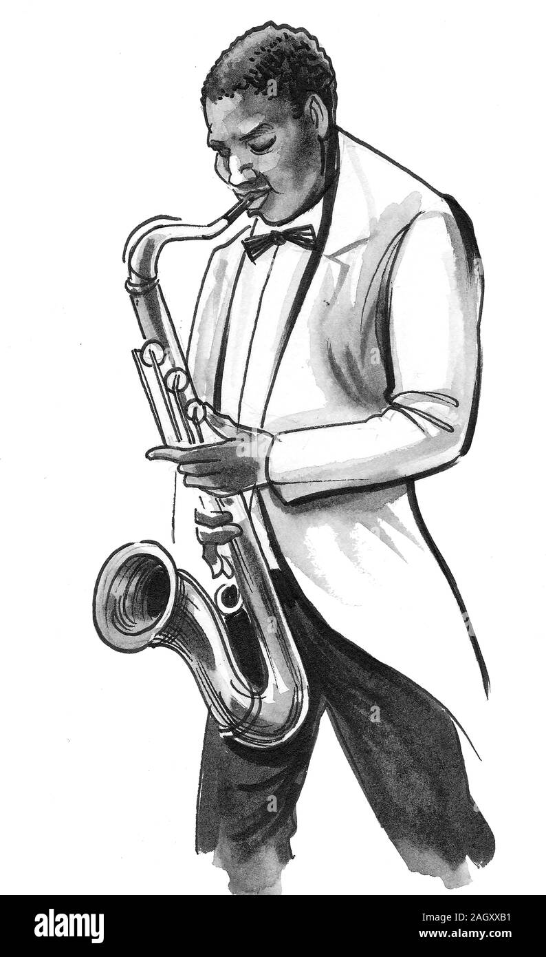 African American jazz musician. Ink black and white sketch Stock Photo