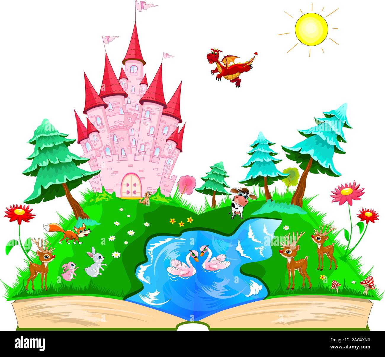 Open fairytale book. On the pages of a pink castle, various animals, a river, a forest and flowers. Stock Vector