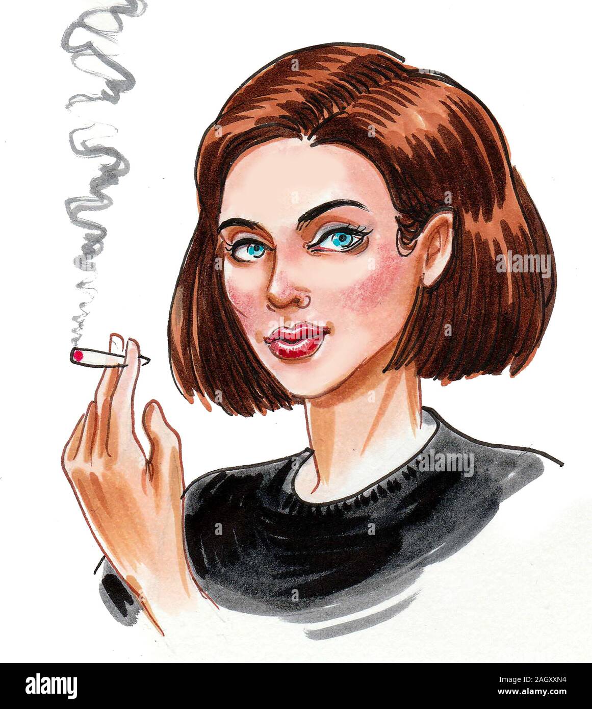 Pretty woman smoking marijuana joint. Ink and watercolor drawing Stock