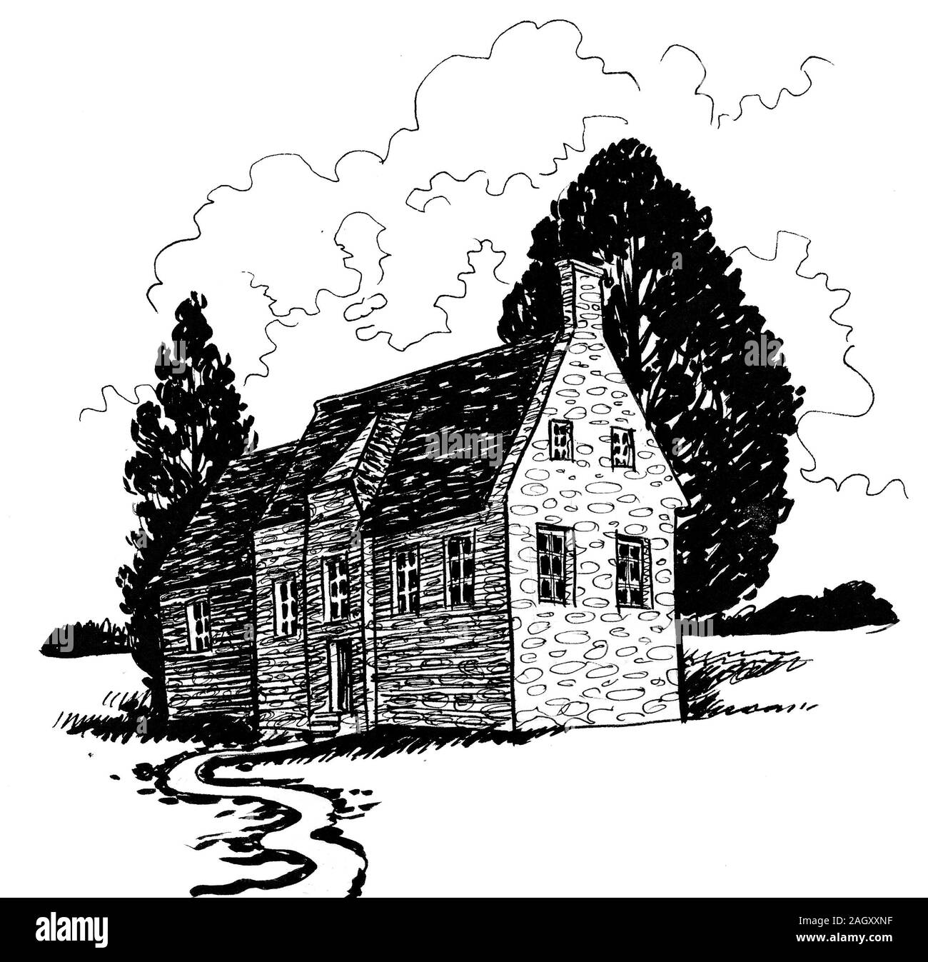 Stone house in the countryside. Ink black and white drawing Stock Photo ...