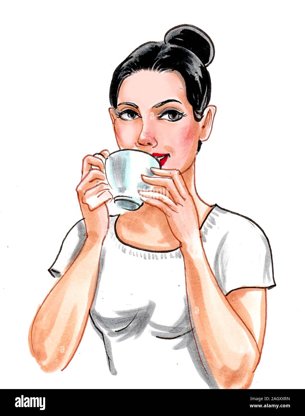 Pretty woman drinking tea. Ink and watercolor drawing Stock Photo Alamy