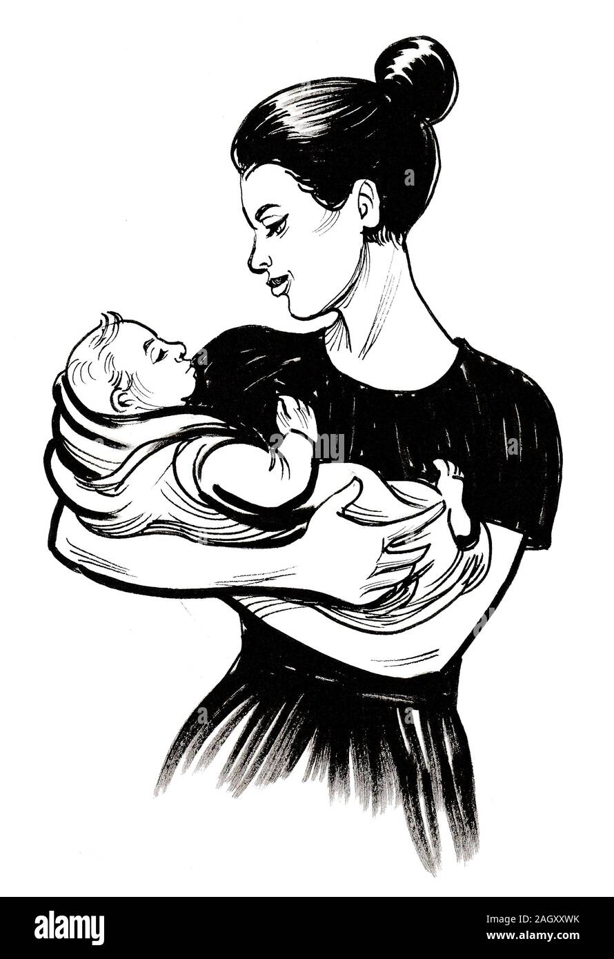 Mother and child. Ink black and white drawing Stock Photo - Alamy