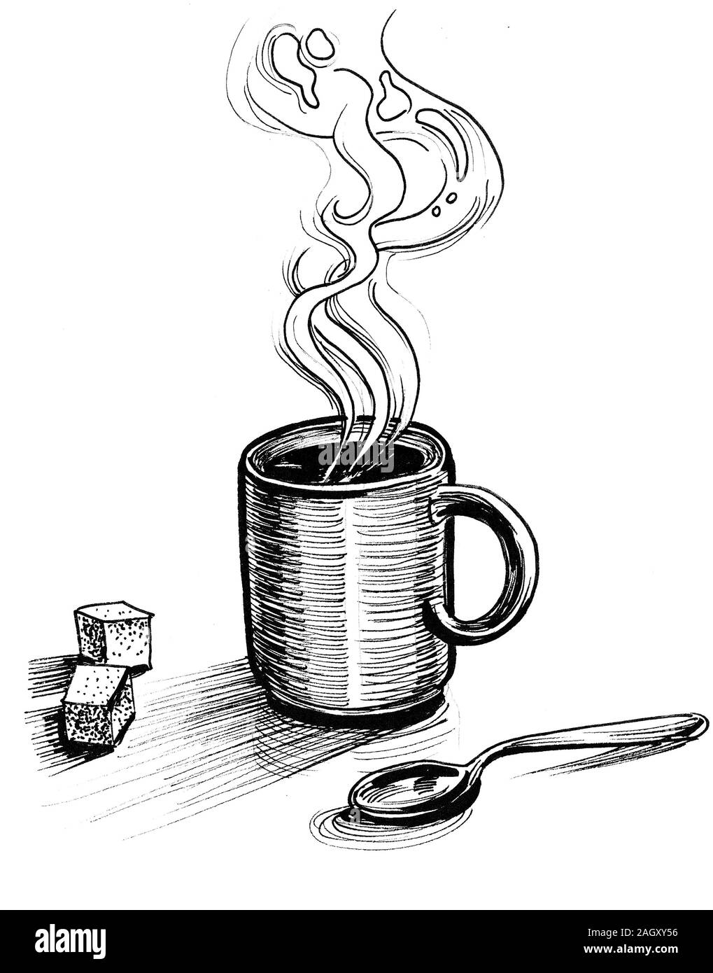 Cup Of Tea Spoon And Sugar Cubes Ink Black And White Drawing Stock Photo Alamy