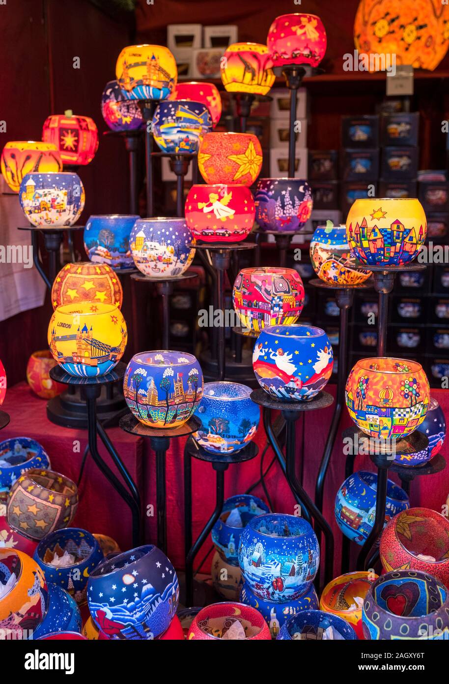 Colourful candle holders on display at the Edinburgh Christmas market