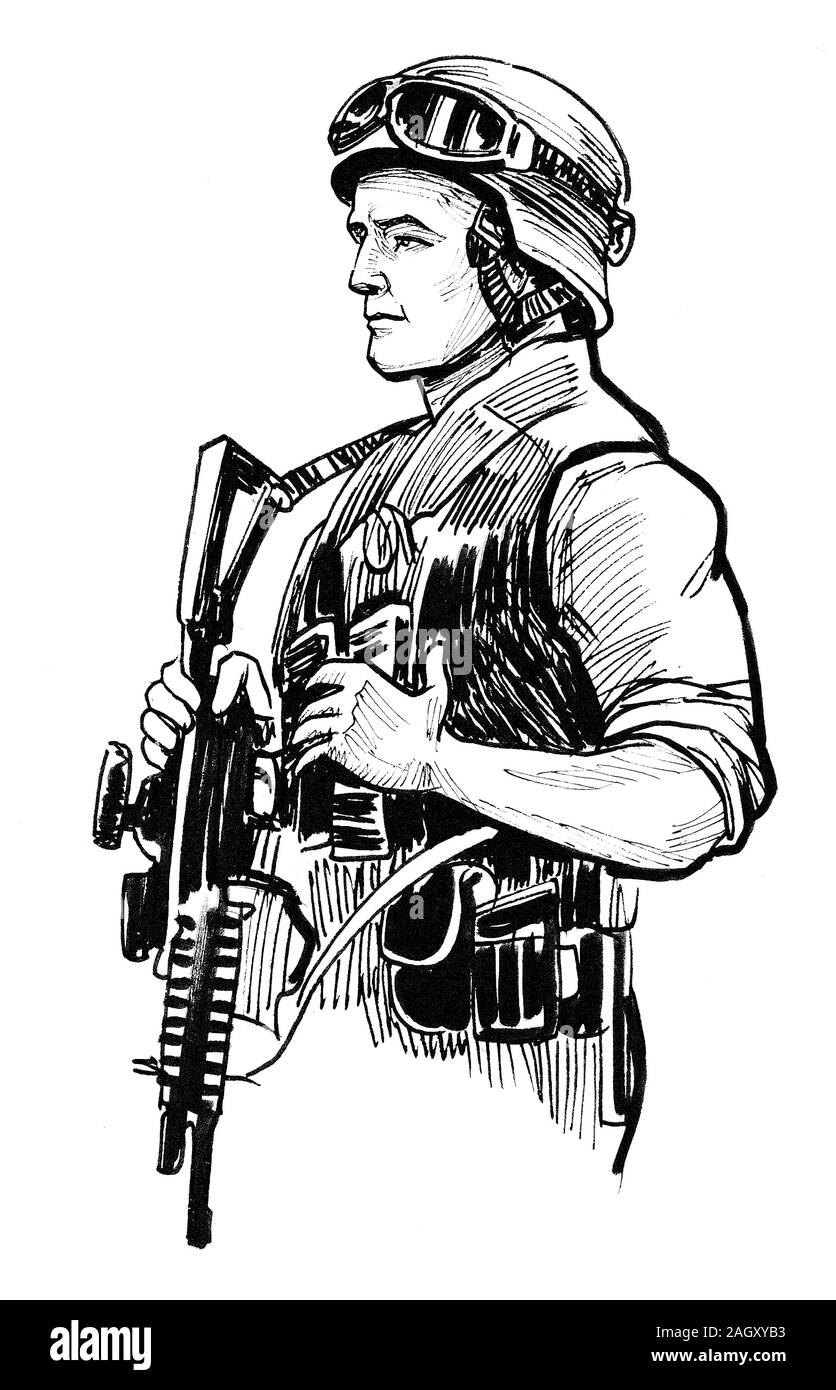 Soldier in full uniform and assault rifle. Ink black and white drawing ...