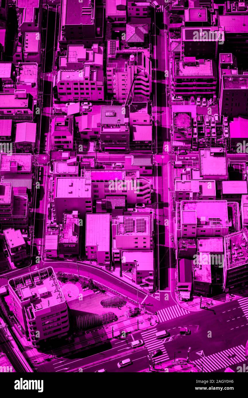 High angle view of Tokyo street and buildings, Japan. Pink colors Stock ...