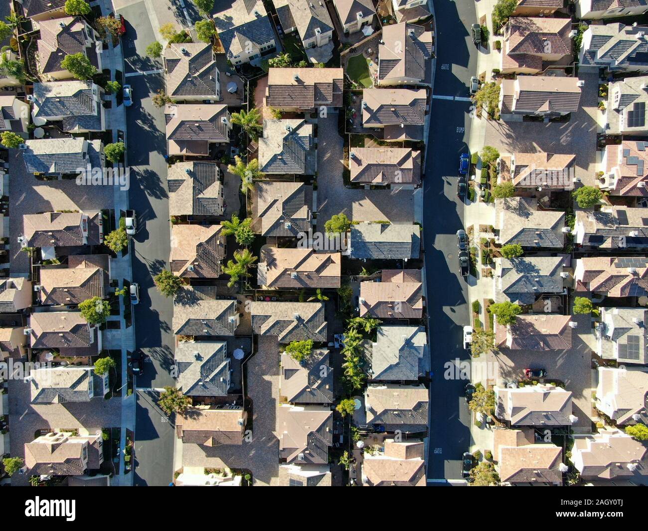 Aerial top view of upper middle class neighborhood with residential