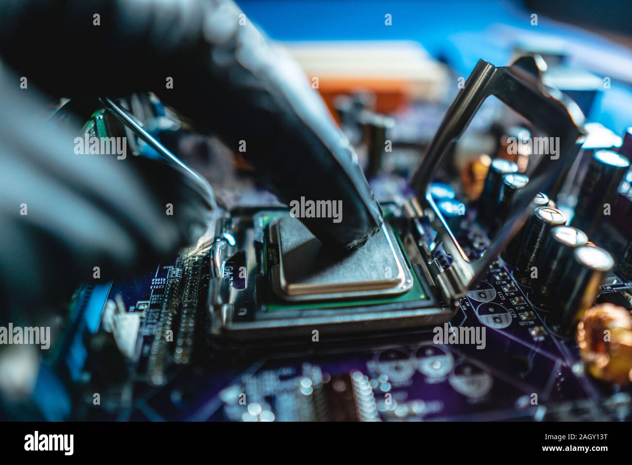 Engineer repairman holding hands in black gloves chip processor, CPU to ...