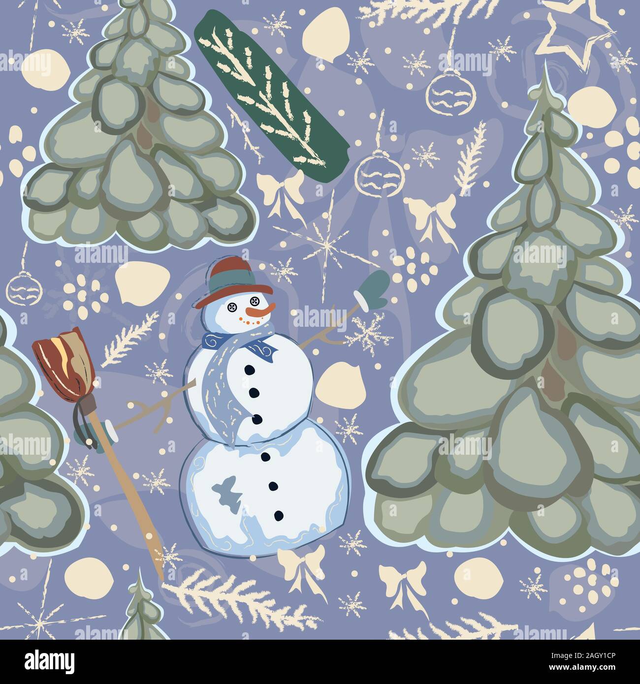 Colorful Seamless Winter Pattern with cute Snowman and Spruce Trees ...