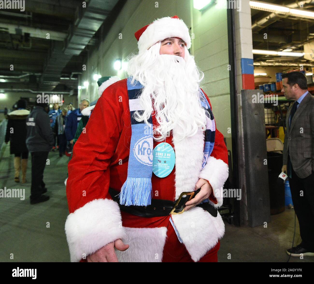 Nashville TN, USA. 22nd Dec, 2019. USA Santa Claus heads to the field  during a game between the New Orleans Saints and the Tennessee Titans at  Nissan Stadium in Nashville TN. (Mandatory