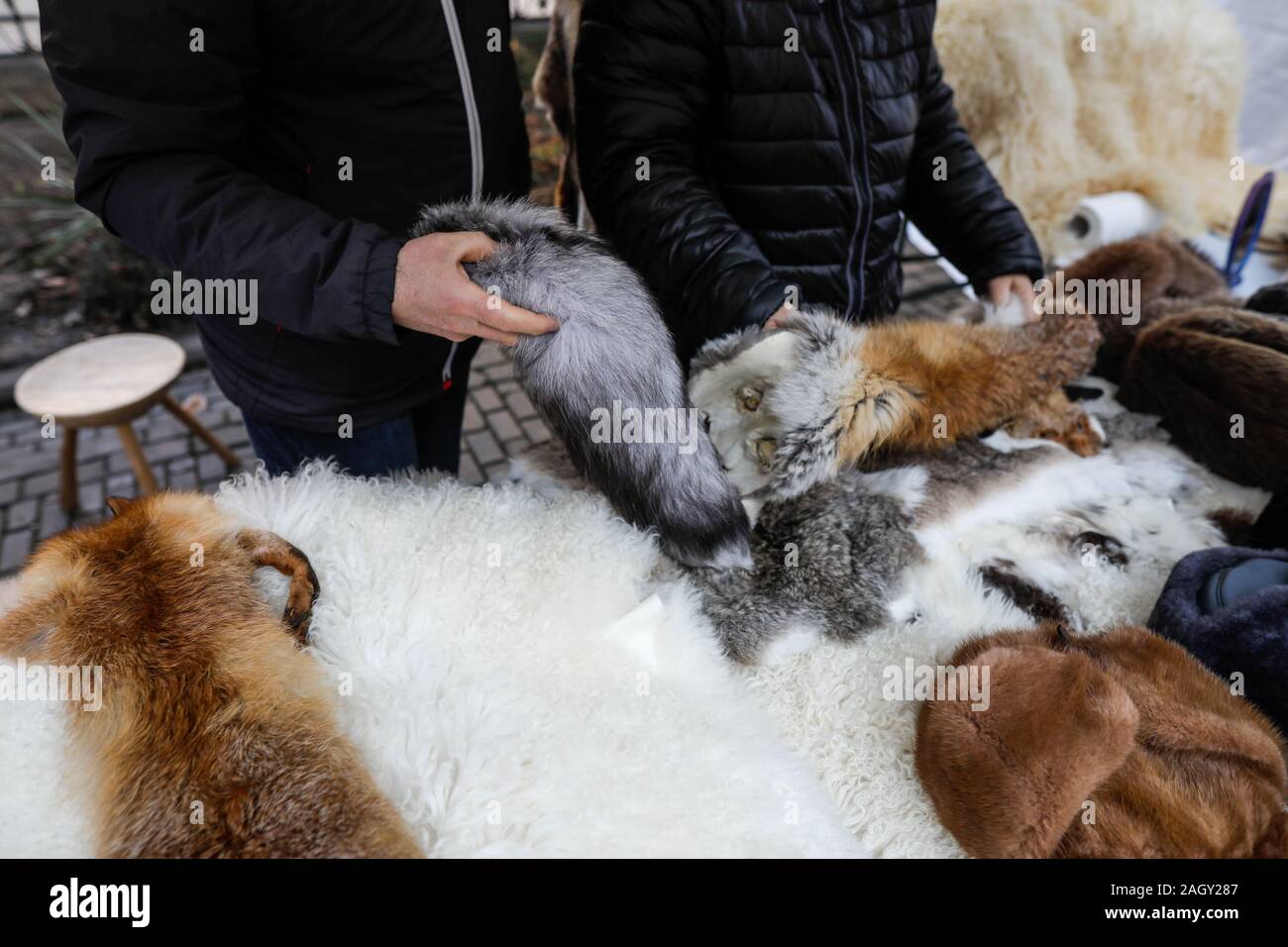 Skinned fox and other animals furs on exhibition at a peasants fair in Bucharest, Romania. Stock Photo