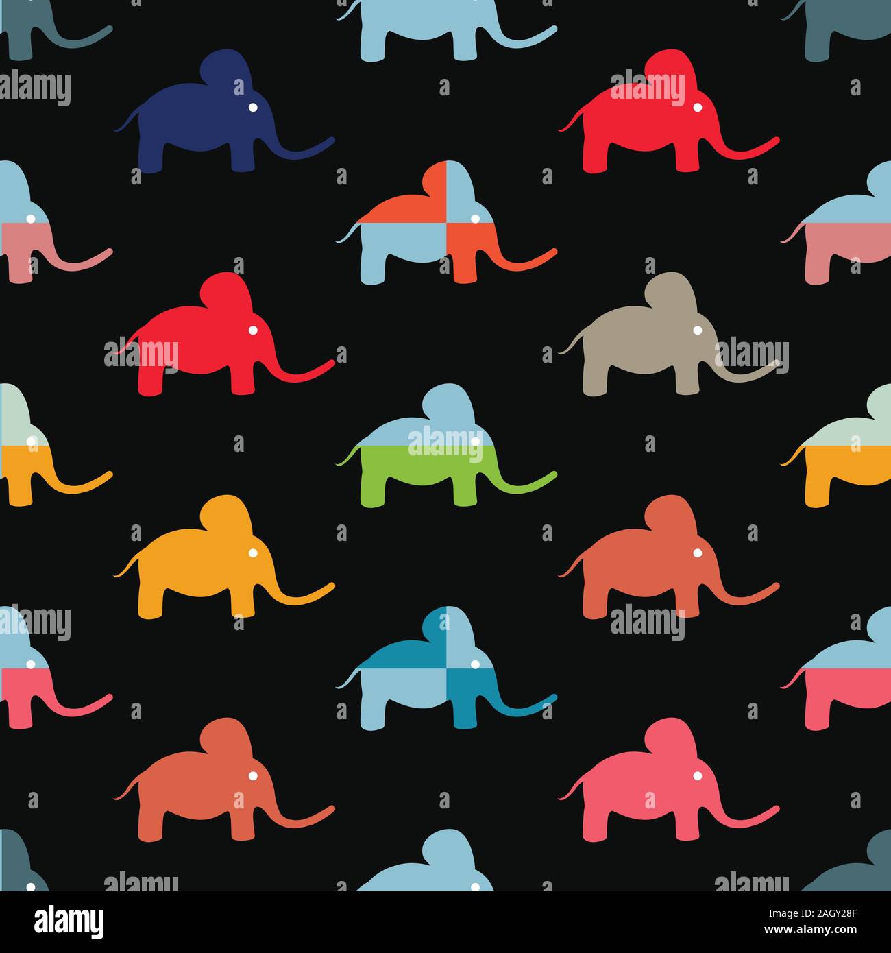 Seamless pattern with funny cartoon elephants on dark background. Flat ...
