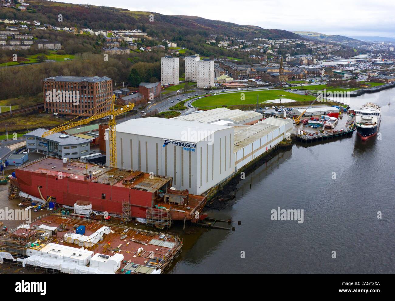 Aerial view of recently nationalised Ferguson Marine shipyard and  Calmac ferry MV Glen Sannox  on the Clyde at Port Glasgow, Scotland ,UK Stock Photo