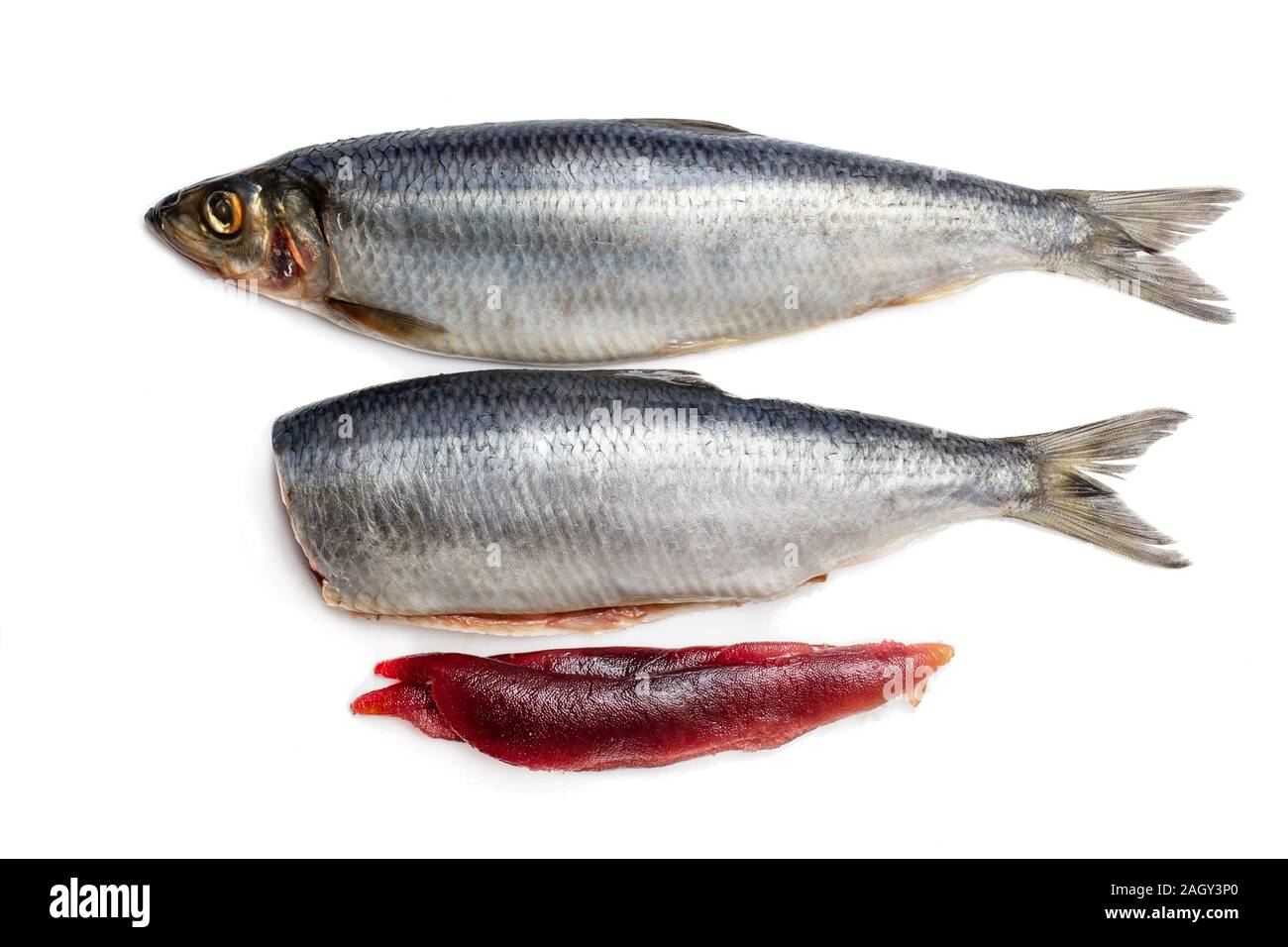 Fresh herring fish with caviar isolated on white Stock Photo Alamy
