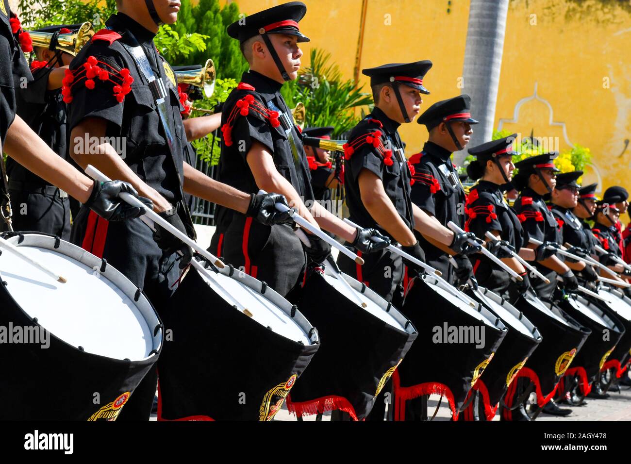 Marching band drumming on Revolution Day , Merida , Mexico Stock Photo