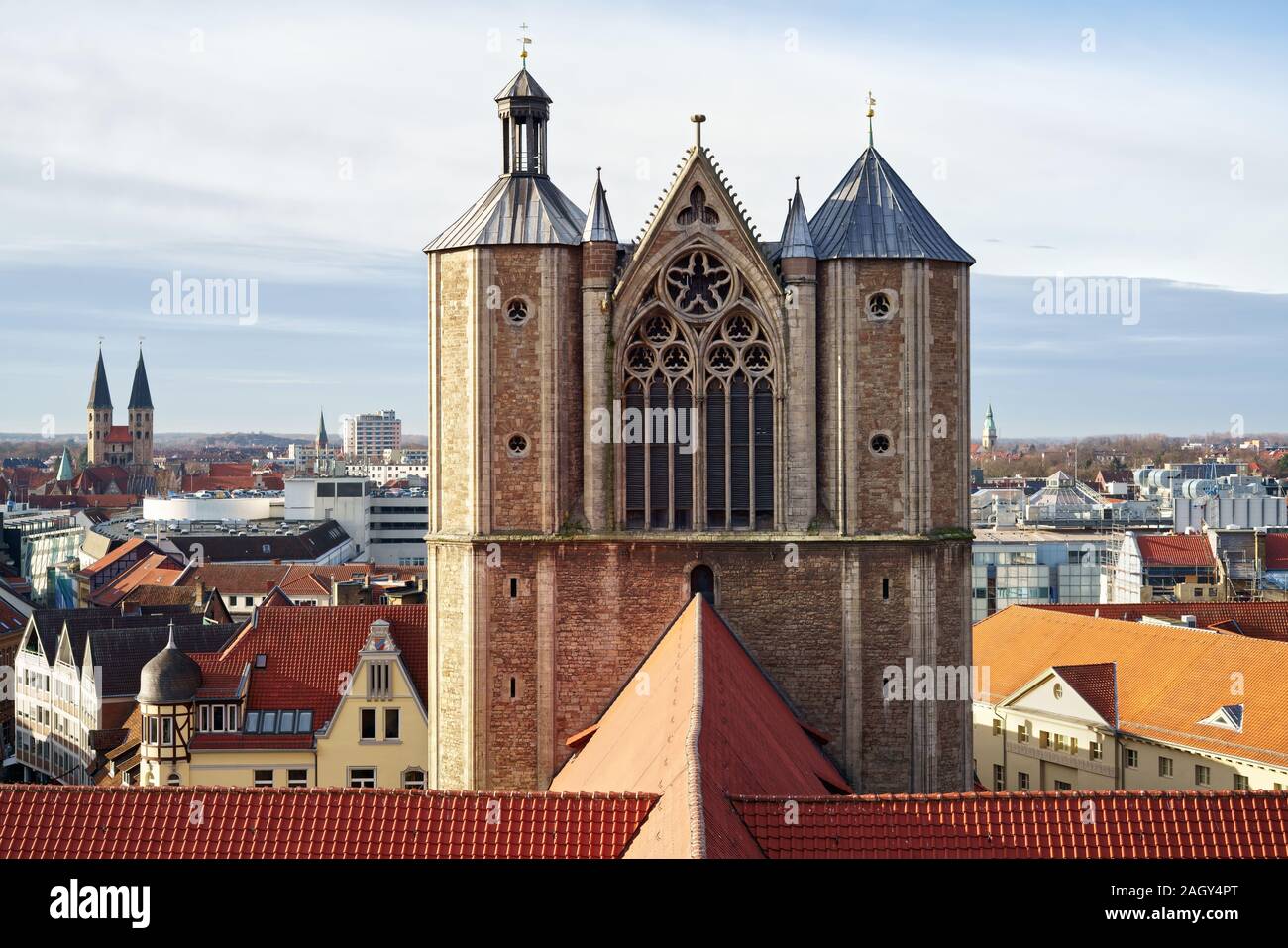 View over the roofs of Braunschweig in Lower Saxony, Germany. Perspective panorama view of Brunswick Cathedral. Stock Photo