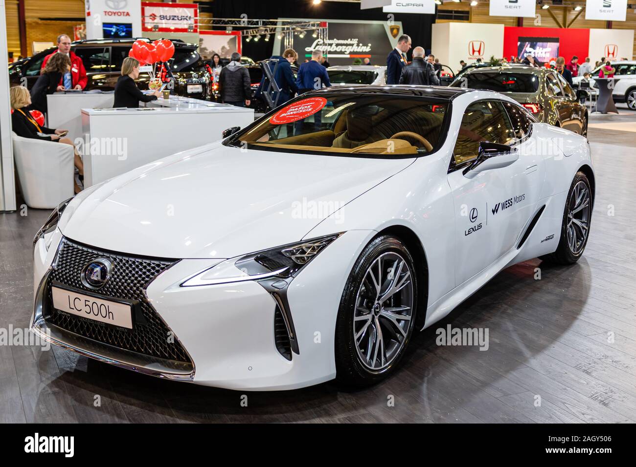 Riga, Latvia - April 12, 2019:  New, expensive luxury sports car in the Lexus LC 500h in the showroom - image Stock Photo