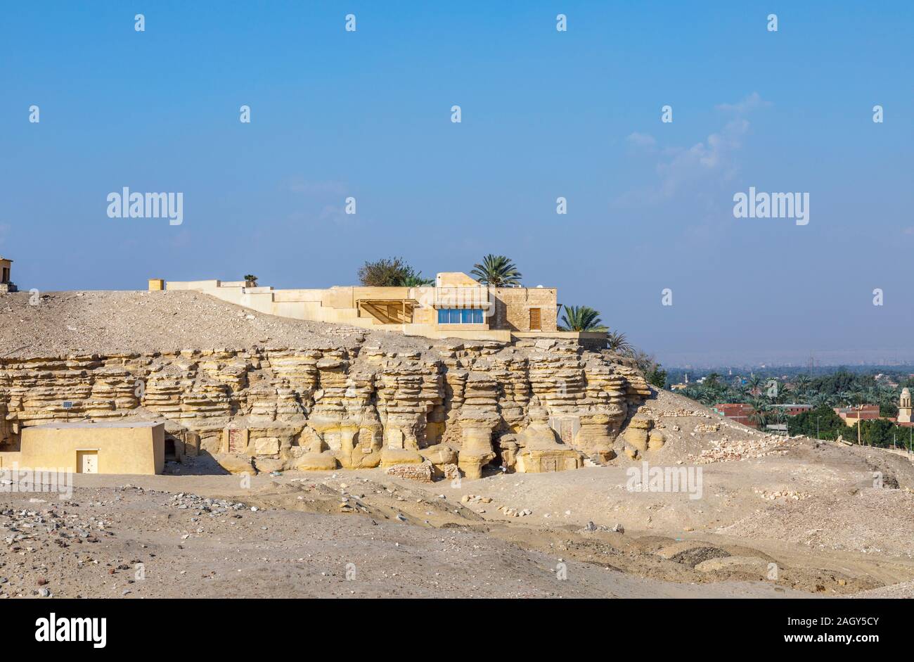 View of the exterior of the modern Imhotep Museum, an archaeological museum in the Saqqara necropolis near Memphis, outside Cairo, Egypt Stock Photo