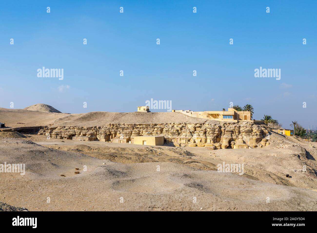 View of the exterior of the modern Imhotep Museum, an archaeological museum in the Saqqara necropolis near Memphis, outside Cairo, Egypt Stock Photo