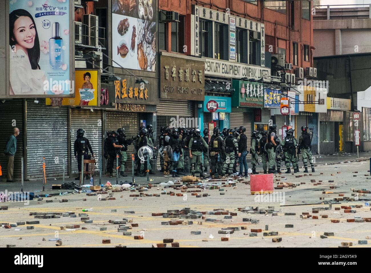 HongKong - November, 2019: Hong Kong riot police on Nathan Road during 2019 HongKong protest Stock Photo