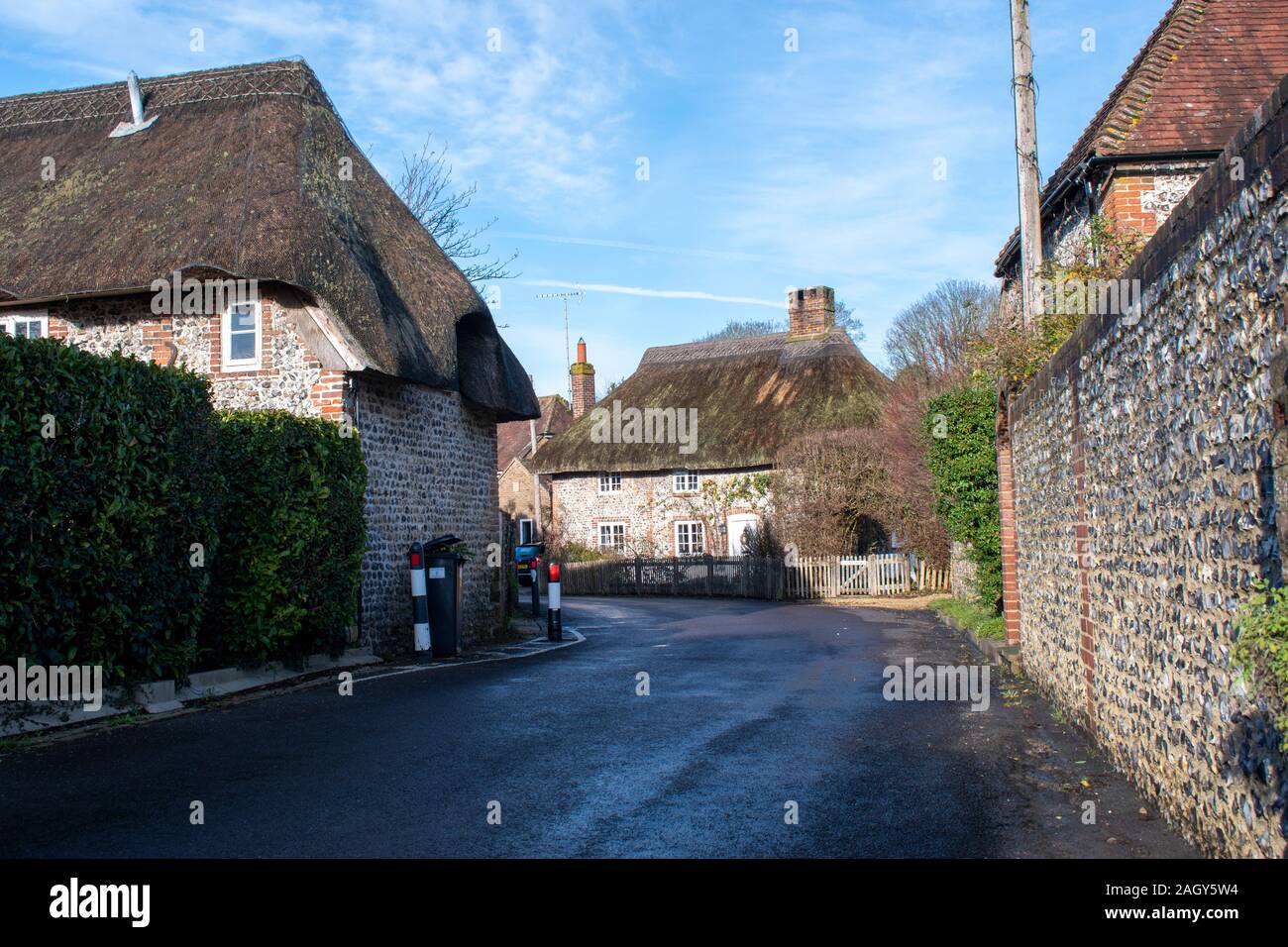 View of Thatched Cottages in the old traditional English village of Singleton UK. Stock Photo