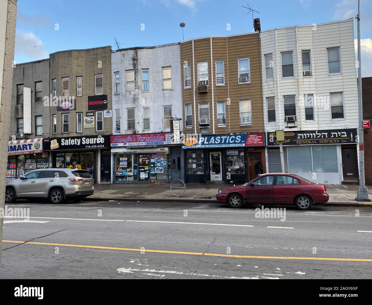 Old tacky looking buildings in the multiethnic Borough Park neighborhood in Brooklyn, New York. Stock Photo